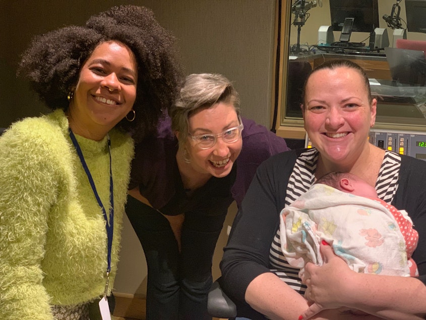 caption: Eula Scott Bynoe, Jeannie Yandel, Leslie Feinzaig, and baby Ruth talk about how women can be better allies to one another in the workplace.