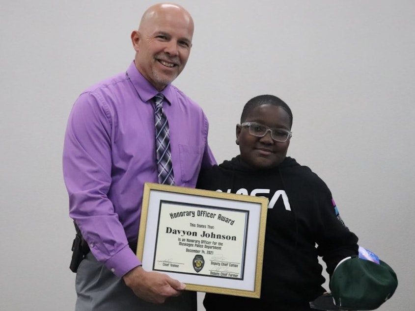 caption: The Muskogee Public Schools posted this image of Davon Davyon Johnson last week to its Facebook page. The Muskogee Police Department and Muskogee County Sheriff's Office presented the 6th-grader with a certificate naming him as an honorary member of their force.
