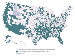 caption: This image provided by the CDC shows counties, shaded in teal, where federal officials suggest offering syphilis testing to all sexually active people between the ages of 15 and 44.