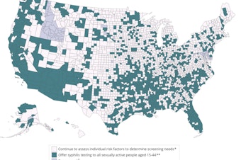 caption: This image provided by the CDC shows counties, shaded in teal, where federal officials suggest offering syphilis testing to all sexually active people between the ages of 15 and 44.