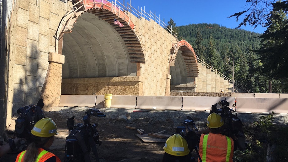 caption: View from ground level Monday of the new wildlife-only overcrossing on I-90 east of Snoqualmie Pass.