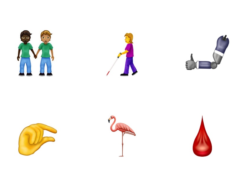 caption: A selection of the new emoji released by The Unicode Consortium for 2019. Apple proposed more emoji to better represent individuals with disabilities, which includes individuals with wheelchairs, canes, hearings aids, and prosthetic limbs. Another highlight includes a new "people holding hands" emoji will let users mix and match different skin tones and genders.