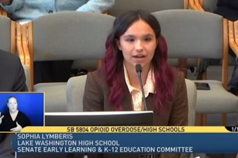 caption: Lake Washington High School senior Sophia Lymberis testifies on behalf on a bill to put Narcan in all Washington K-12 public schools, charter schools, and state-tribal education compact schools. 
