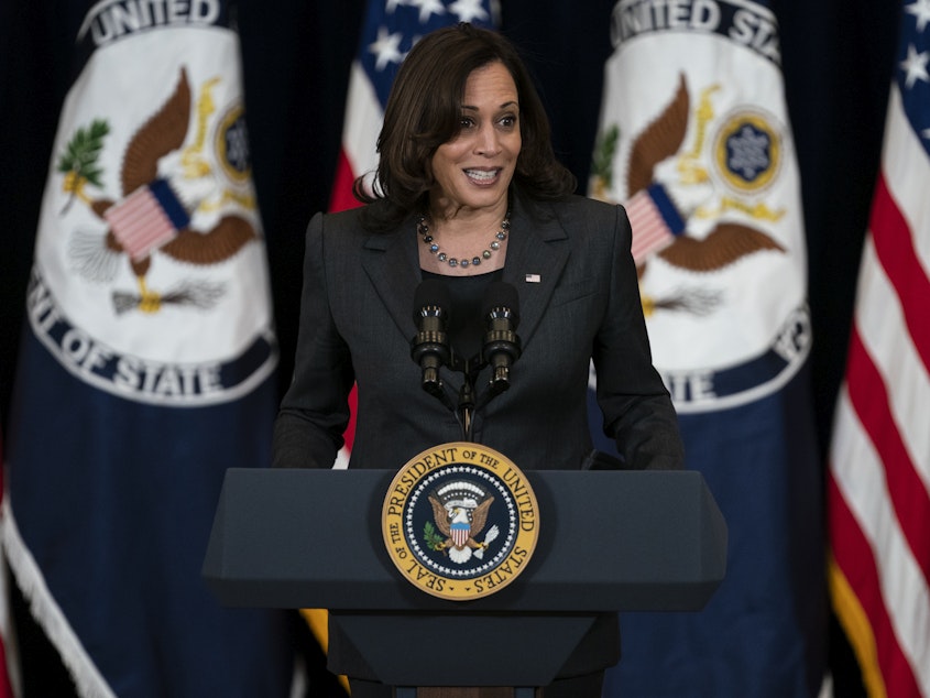 caption: Vice President Harris called on the Senate to pass measures to expand background checks of gun buyers.