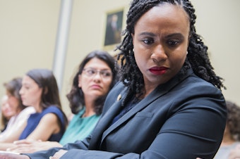 caption: Democrats on the House Committee on Oversight and Reform are examining how states regulate abortion clinics. From right, Reps. Ayanna Pressley, D-Mass., Rashida Tlaib, D-Mich., and Alexandria Ocasio-Cortez, D-N.Y.