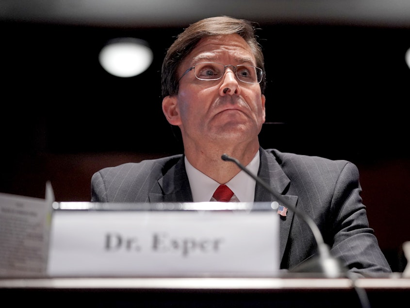 caption: Secretary of Defense Mark Esper testifies during a House Armed Services Committee hearing in July 2020, in Washington, D.C.