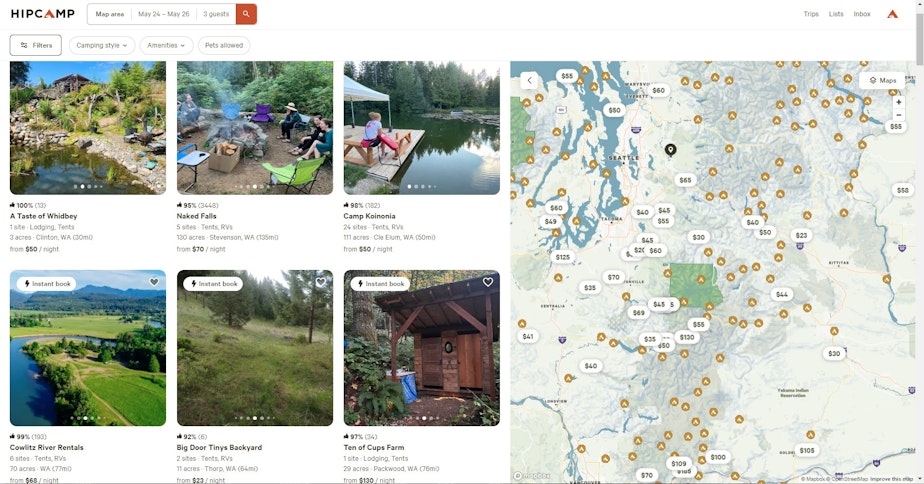 caption: A page from Hipcamp showing campsites in Western Washington.