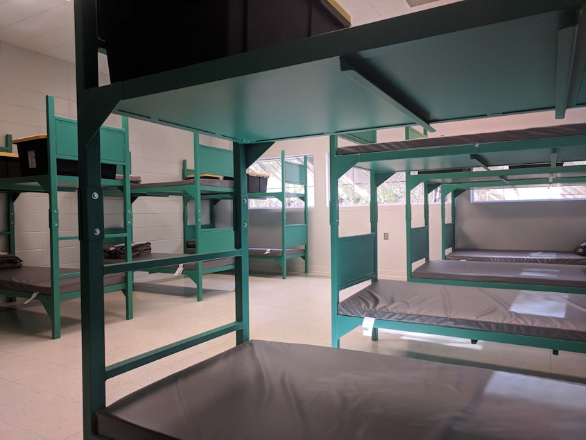 caption: Bunk beds at the new King County homeless shelter in the west wing of the downtown Seattle jail