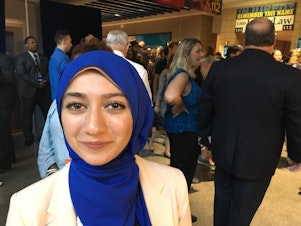 caption: UW student Varisha Khan sees progress in Hillary Clinton's nomination -- even though she herself is a Bernie Sanders supporter.
