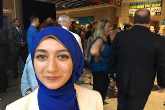 caption: UW student Varisha Khan sees progress in Hillary Clinton's nomination -- even though she herself is a Bernie Sanders supporter.