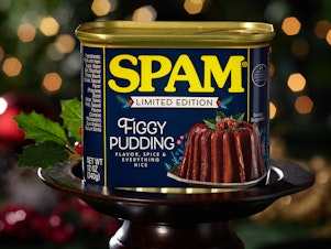 caption: Spam Figgy Pudding is a thing that exists now. Reviews have been mixed.