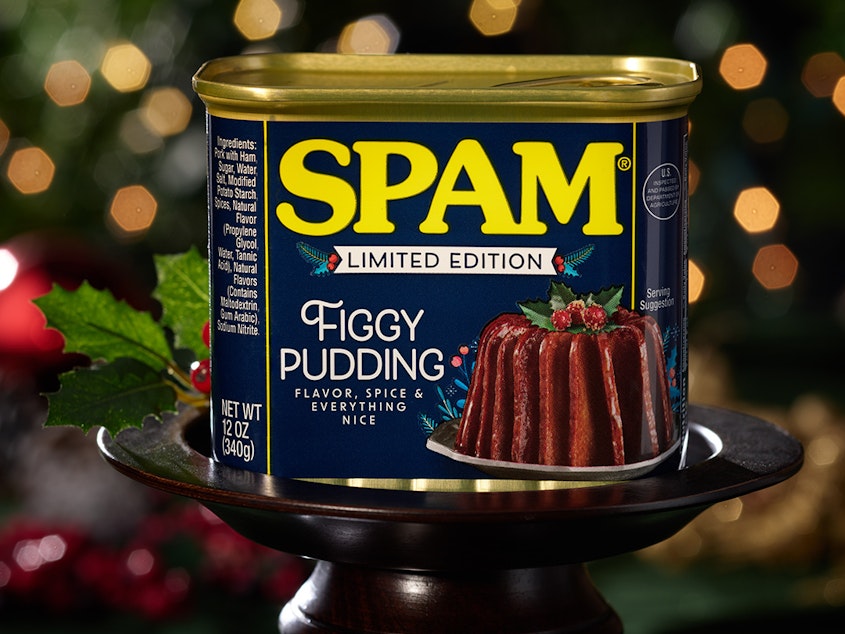 caption: Spam Figgy Pudding is a thing that exists now. Reviews have been mixed.
