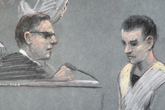 caption: This artist depiction shows Massachusetts Air National Guardsman Jack Teixeira, right, appearing in U.S. District Court in Boston, April 14, 2023. Teixeira has been indicted on federal felony charges. The Justice Department says Teixeira faces six counts in the indictment of willful retention and transmission of national defense information.