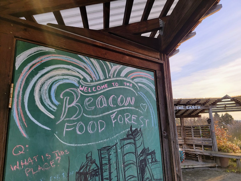 caption: A welcome sign at Beacon Food Forest gathering space on Friday, February 9, 2024.
