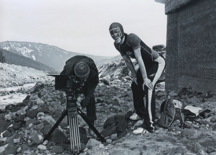 caption: Sam Harkness, age 19, dressed as his alter ego
The Blue Panther on Mt. Hood in Oregon, 2005