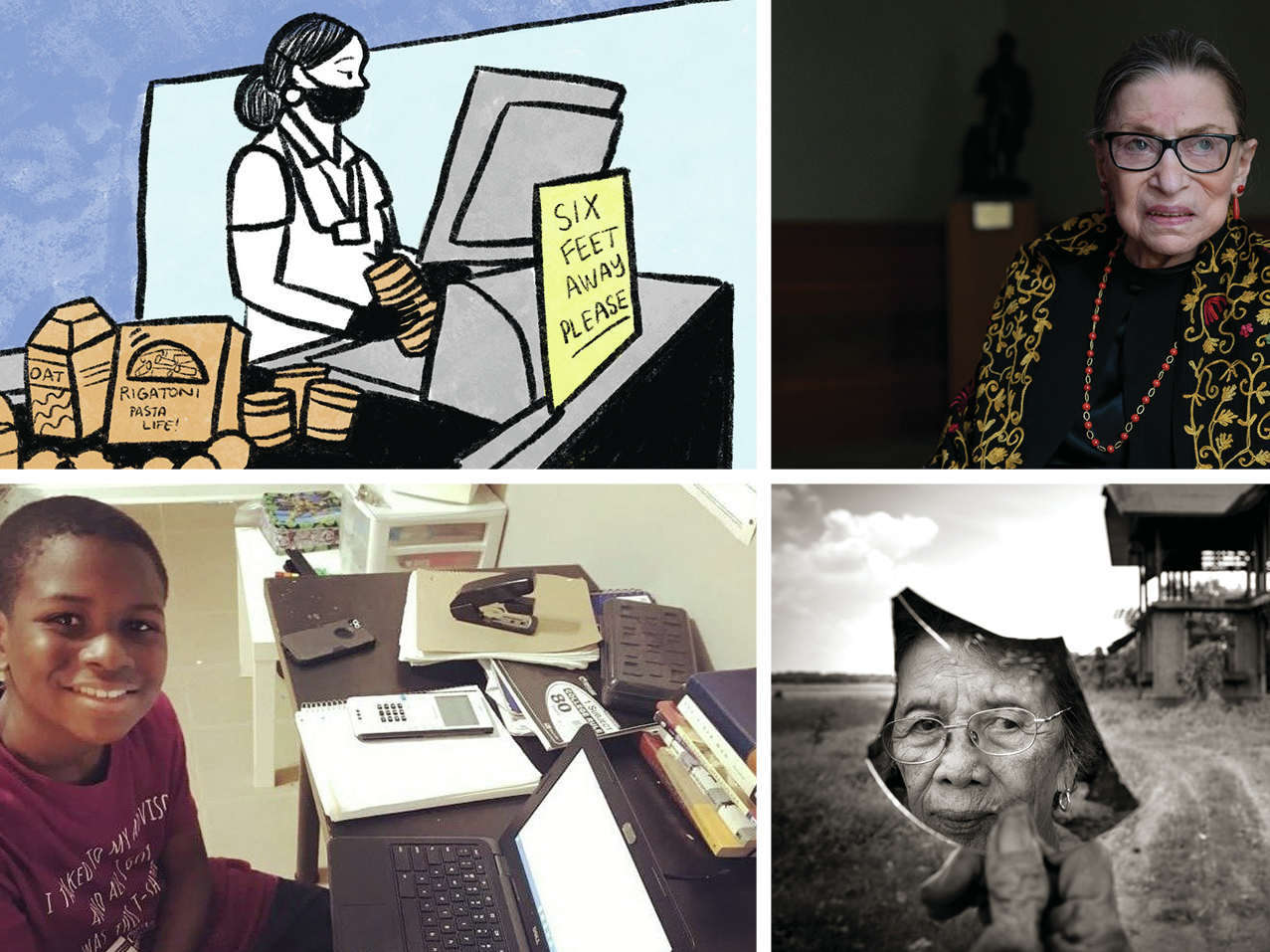 caption: Clockwise from top left: A scene from a comic about grocery store workers during the pandemic; a 2019 portrait of Supreme Court Justice Ruth Bader Ginsburg; Pilar Quilantang Galang was raped by members of the Japanese Imperial Army in 1944; Caleb Anderson, 12, attends virtual calculus class at Chattahoochee Technical College in Marietta, Ga., where he is a sophomore.