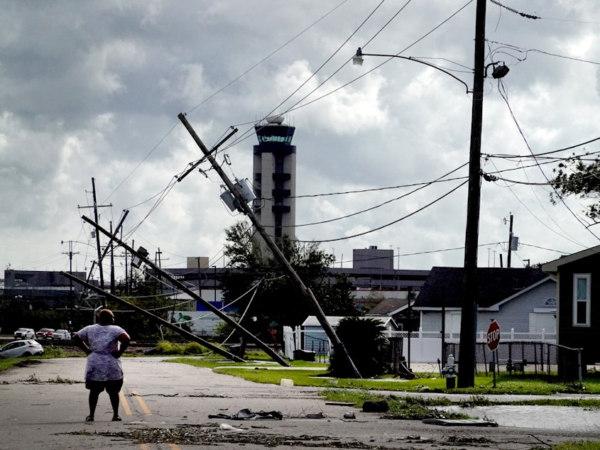 caption: Damage from Hurricane Ida on August 30, 2021 in Kenner, La. The storm was fueled by abnormally warm water in the Gulf of Mexico.