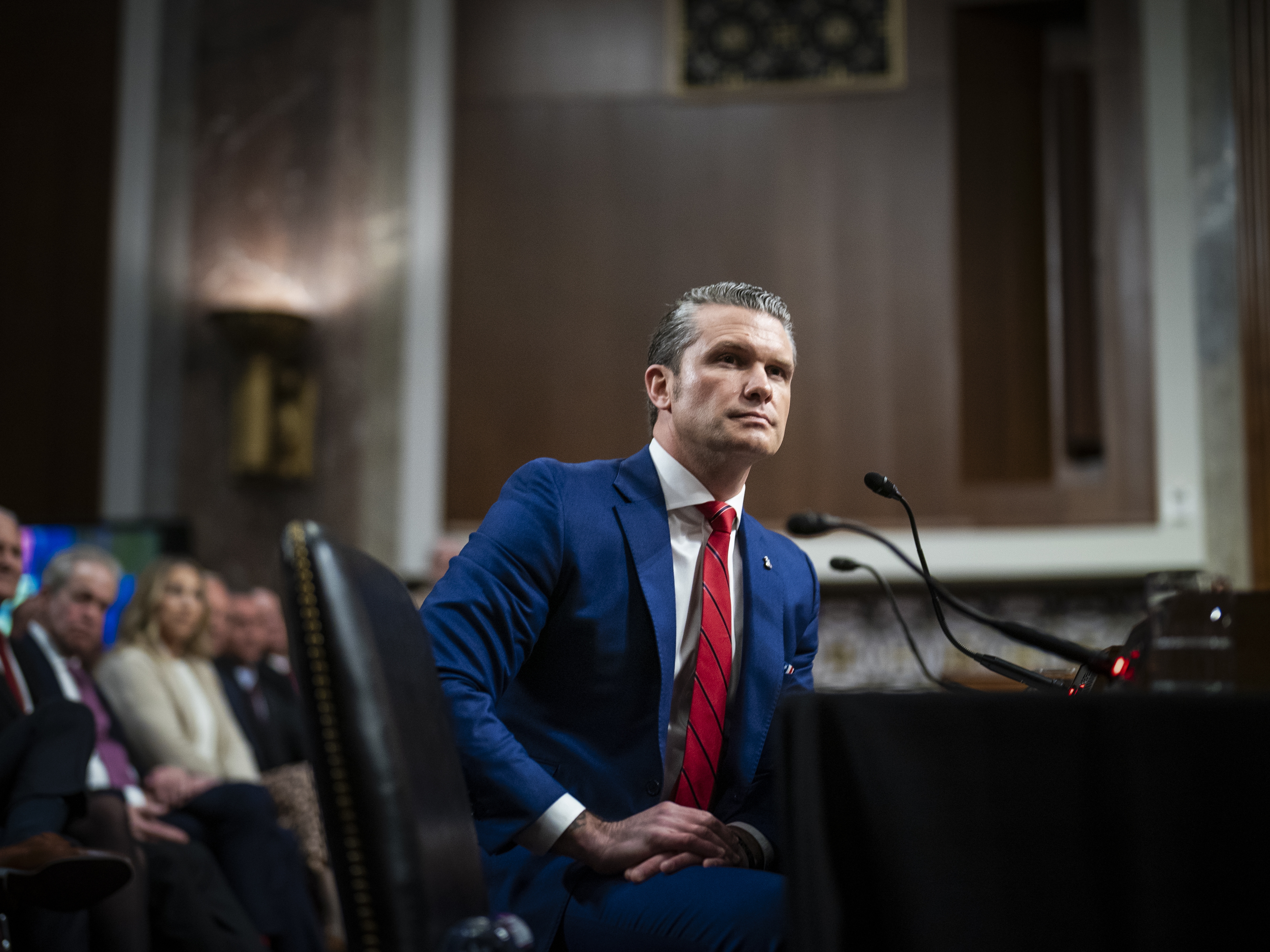 caption: Pete Hegseth, President Trump's choice to be defense secretary, appears during a Senate Armed Services Committee confirmation hearing on Capitol Hill on Jan 14.