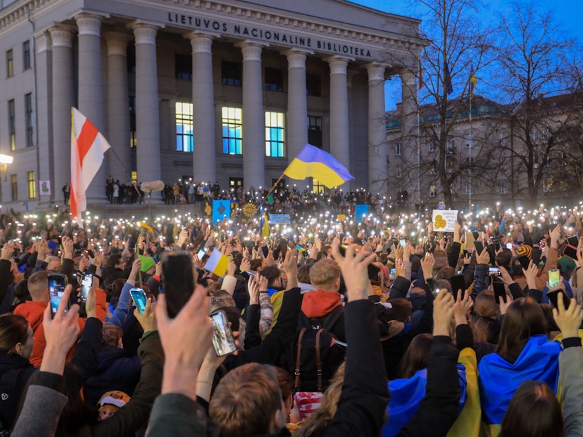 caption: Demonstrators protest the Russian invasion of Ukraine at Independence Square in front of the Parliament Palace in Vilnius, Lithuania, on March 24, 2022. Lithuania's parliament has since declared Russia a perpetrator of terrorism and genocide.