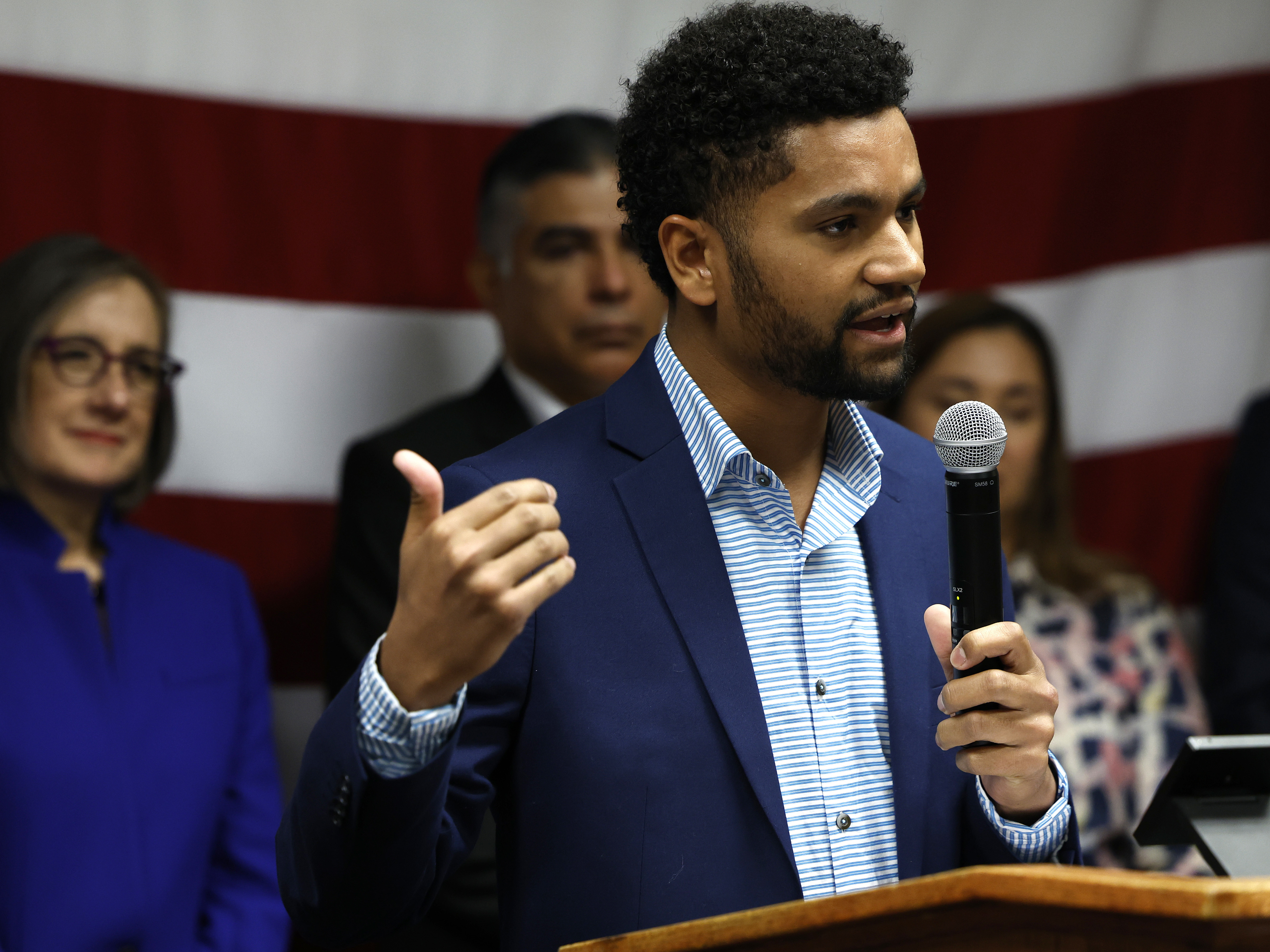 caption: Rep.-Elect Maxwell Frost (D-FL) speaks at a Congressional Hispanic Caucus event on Nov. 18, 2022 in Washington, DC.