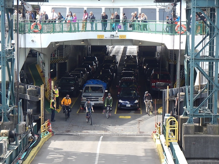 caption: These cyclists did not forget (or 'forget') their bikes on the ferry. 