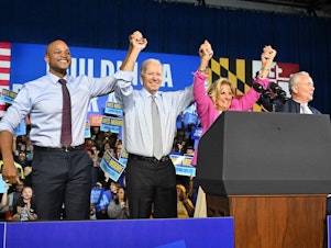 caption: President Biden, campaigning with gubernatorial candidate Wes Moore in Bowie, Maryland, on the eve of the U.S. midterm election.