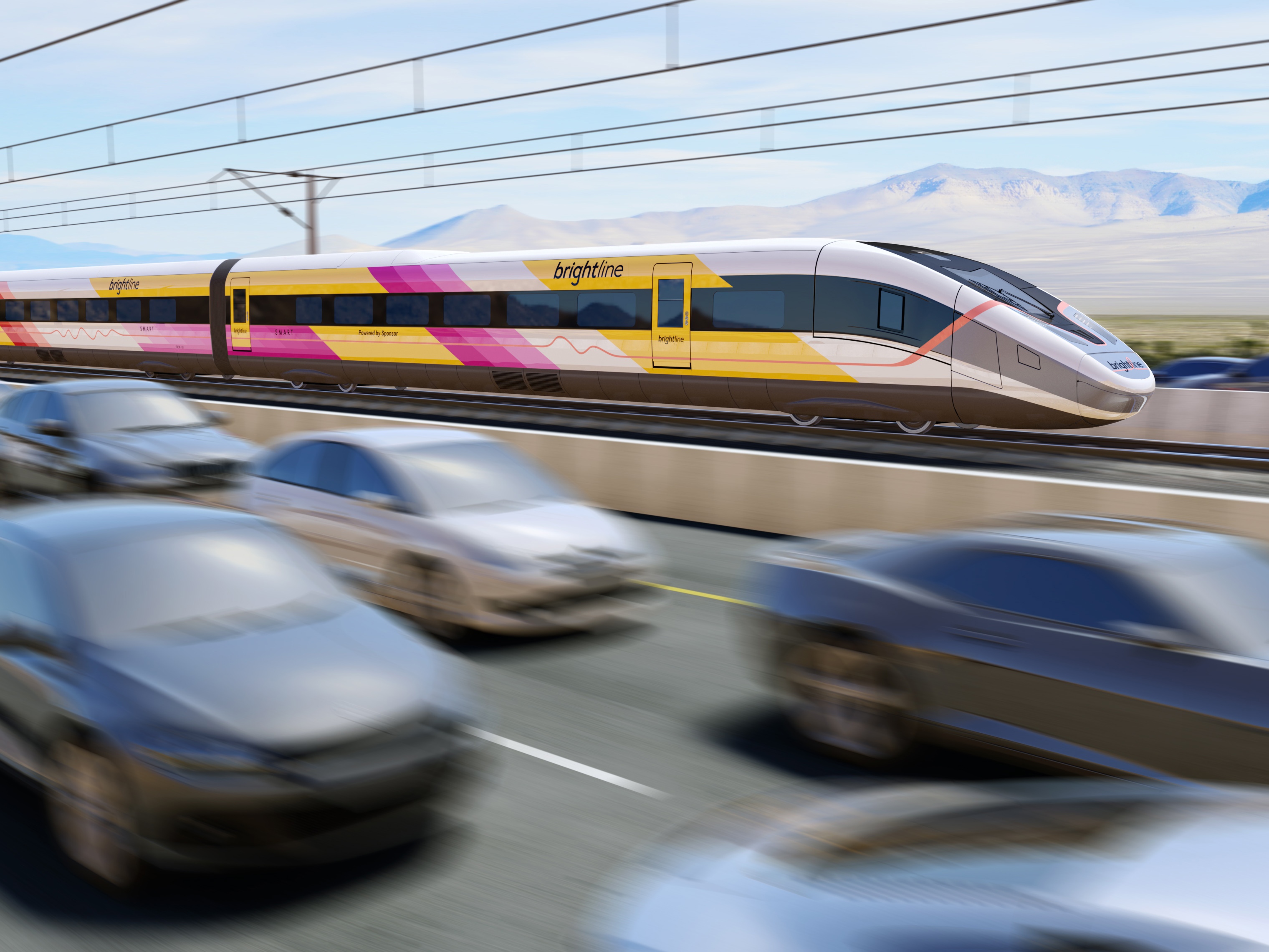 caption: For most of its 218-mile route, Brightline West plans to build in the median of Interstate 15 between Las Vegas and Southern California to help keep costs down.