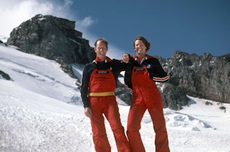 caption: Lou Whittaker and his son, Peter, at Camp Muir on Mt. Rainier, 1982.
