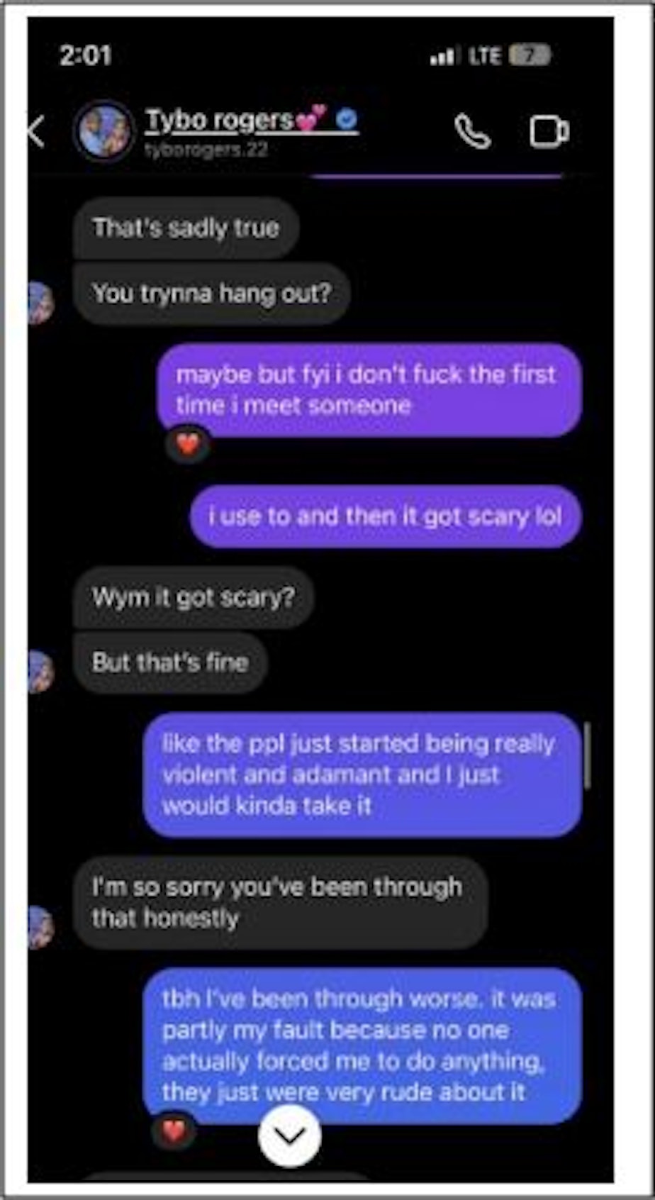 caption: This screenshot shows a conversation between Tylin Rogers and the first woman who accused him of raping her in October 2023. The screenshot was included among records the Seattle Police Department received from UW and turned over to KUOW in response to a records request.