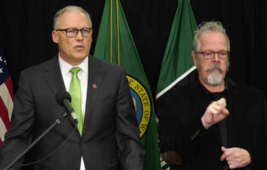 caption: Gov. Jay Inslee announces that he is ordering the prohibition on gatherings of more than 250 people, March 11, 2020.