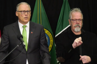 caption: Gov. Jay Inslee announces that he is ordering the prohibition on gatherings of more than 250 people, March 11, 2020. 