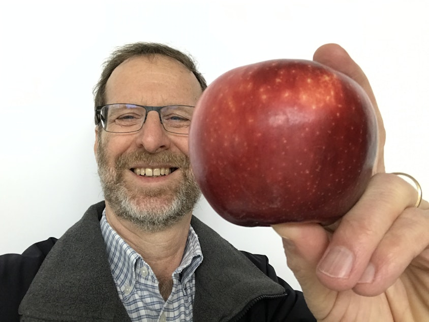 caption: NPR food reporter Dan Charles poses with a Cosmic Crisp apple