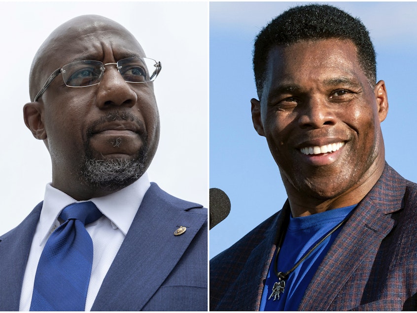 caption: This photo composite shows Democratic Georgia Sen. Raphael Warnock, left, and his Republican challenger, Herschel Walker. The two are competing in a U.S. Senate runoff, which concludes Tuesday.