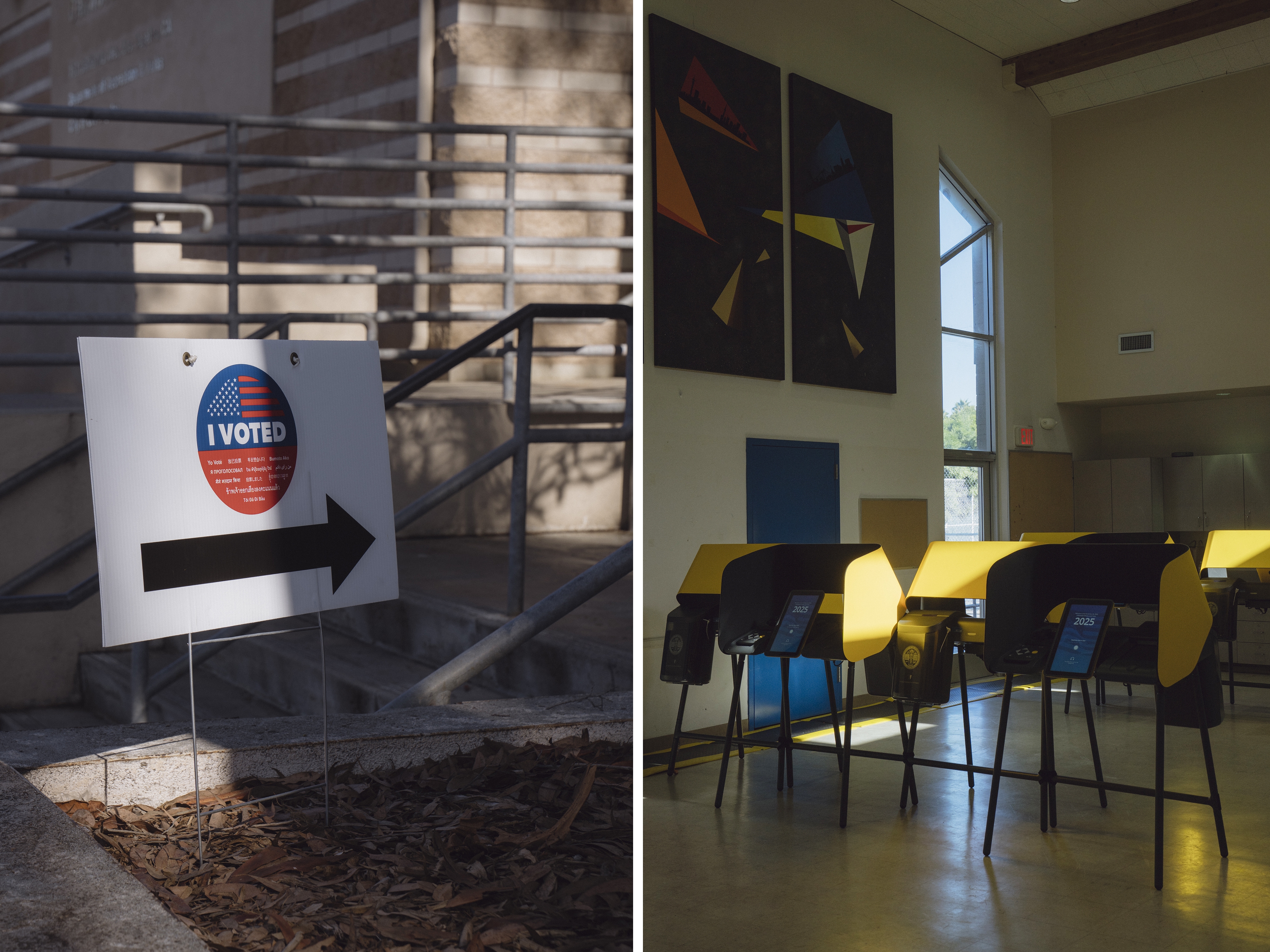 caption: A voting sign and election booths are seen at the Oakwood Community Center in the Venice neighborhood of Los Angeles on Oct. 28.
