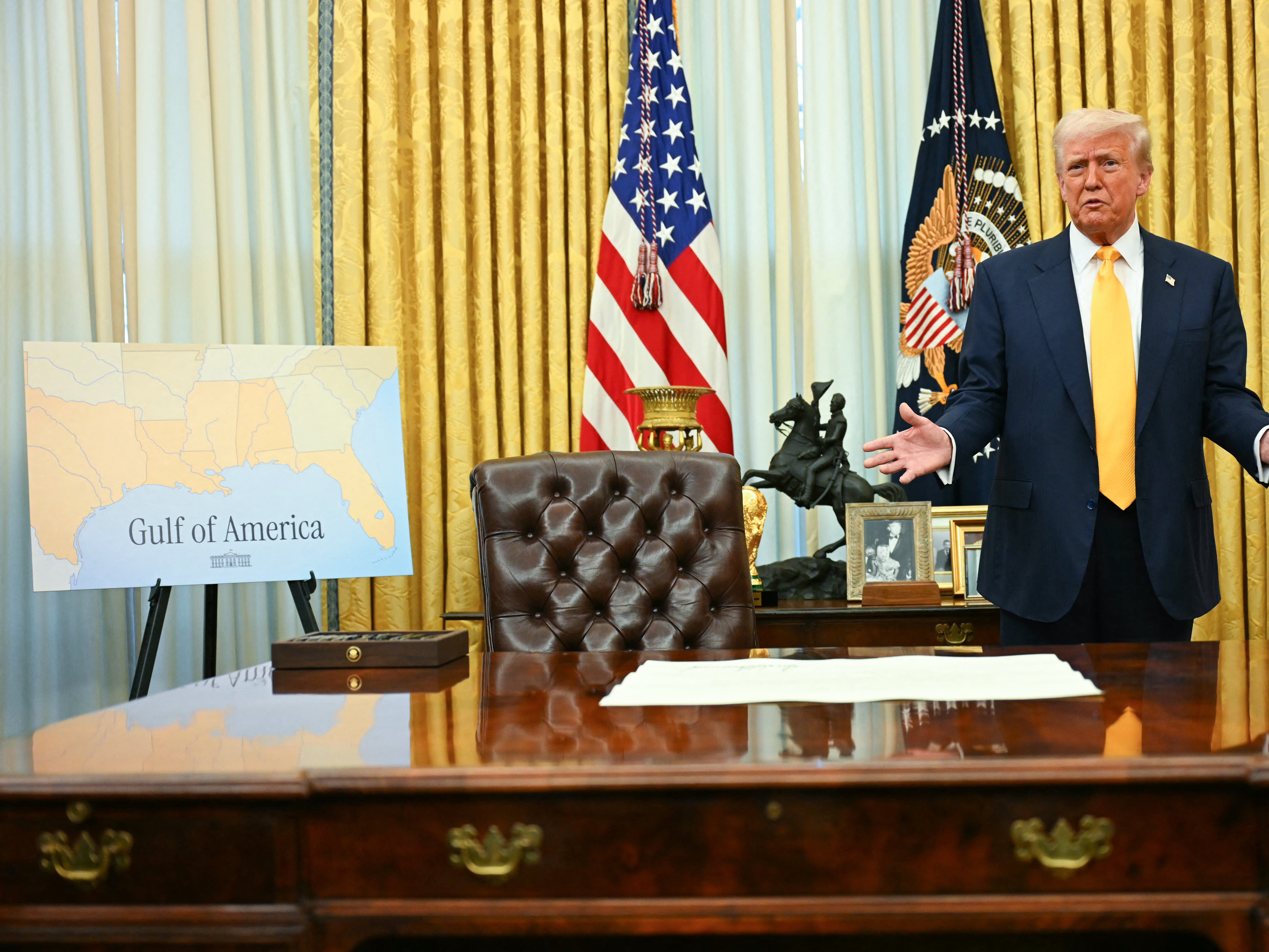 caption: The Trump administration has blocked the Associated Press from covering several of the president's events because it continues to refer to the body of water between Mexico and Florida as the Gulf of Mexico. Under President Trump's direction, the U.S. has renamed it the Gulf of America.