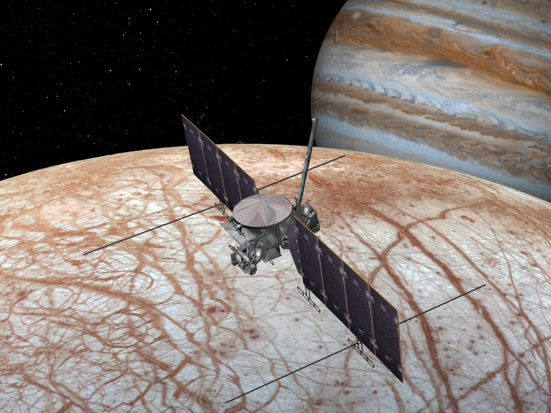 caption:  This artist's impression shows the Europa Clipper mission, which is headed to an icy moon of Jupiter. 