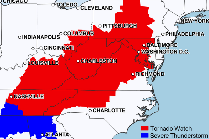 caption: A map from the National Weather Service monitoring tornado and severe thunderstorm watches across the eastern United States on Aug. 7, 2023. 