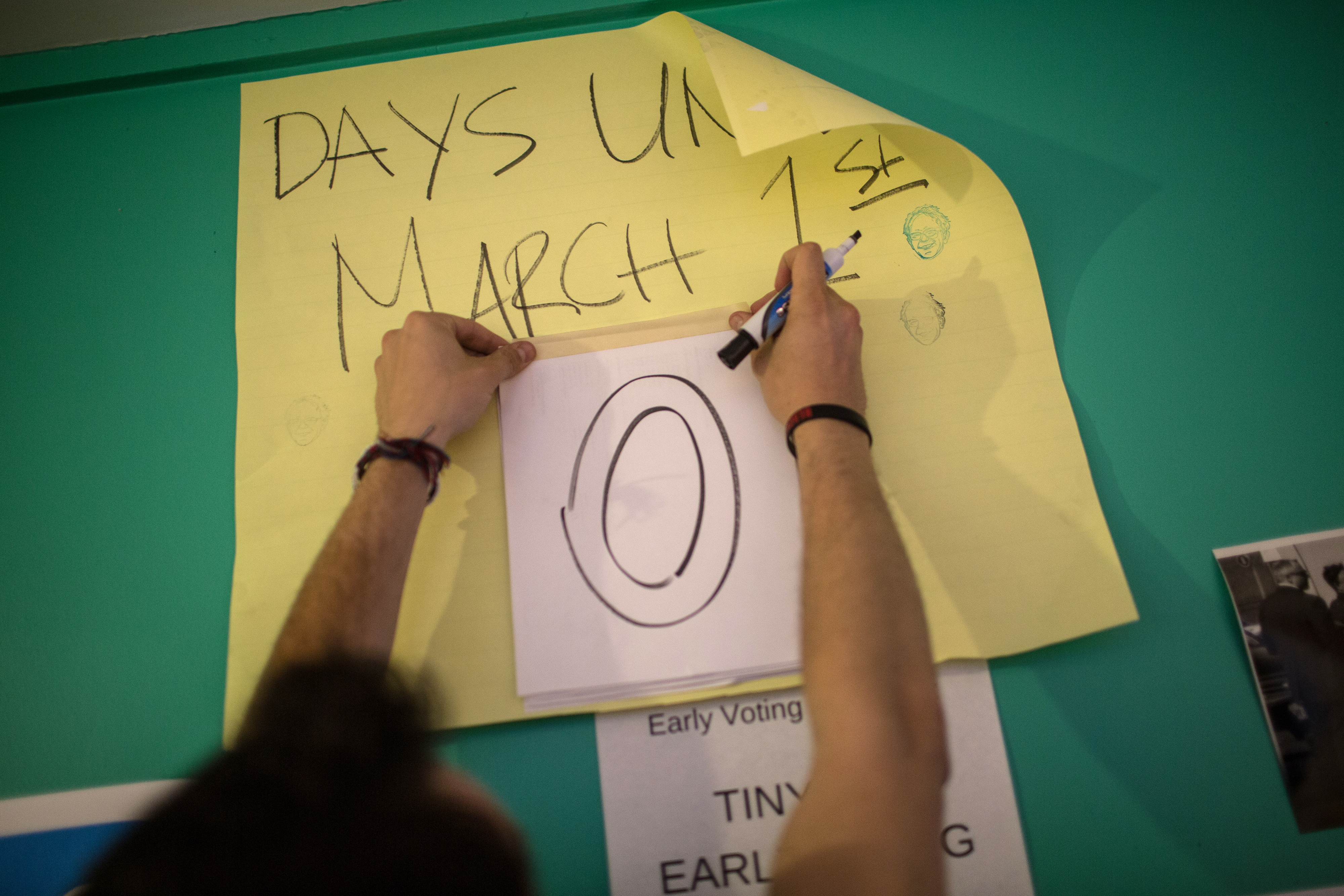 caption: A Bernie Sanders volunteer changes a sign at the campaign headquarters in Austin, Texas indicating that Super Tuesday has arrived early Tuesday morning, March 1, 2016.