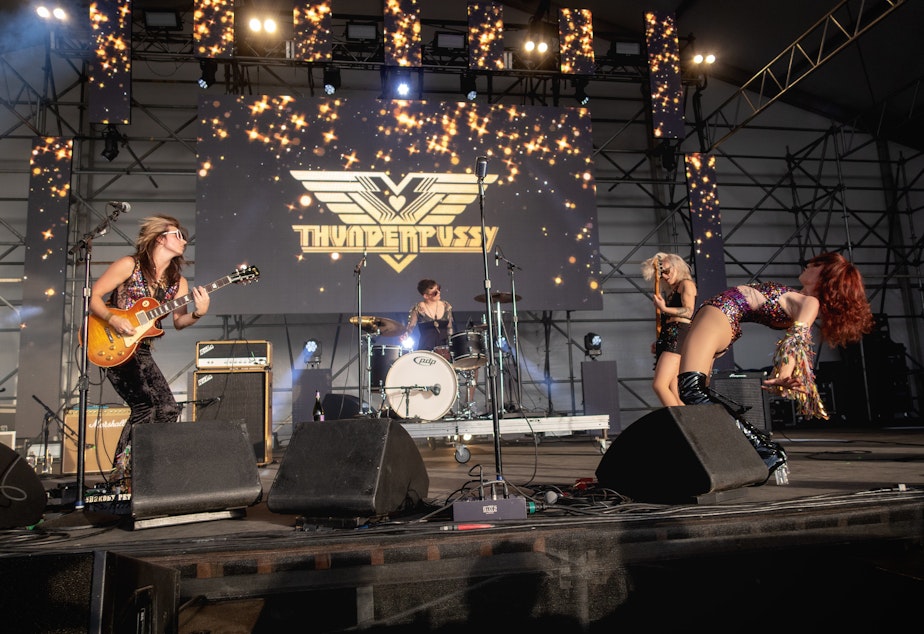 caption: Thunderpussy performing at the Sasquatch! Music Festival in May, 2018.