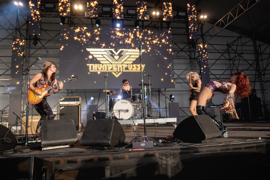 caption: Thunderpussy performing at the Sasquatch! Music Festival in May, 2018.