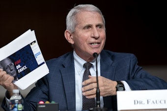 caption: Dr. Anthony Fauci, director of the National Institute of Allergy and Infectious Diseases and chief medical adviser to the president, holds up printouts from Sen. Rand Paul's reelection campaign website.