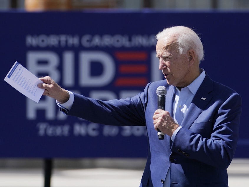 caption: Democratic presidential candidate Joe Biden speaks during a campaign stop in Charlotte, N.C.