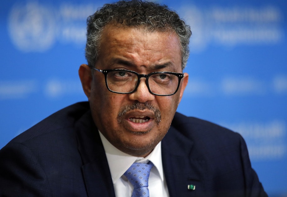 caption: Tedros Adhanom Ghebreyesus, director general of the World Health Organization (WHO), speaks during a news conference on the COVID-19 coronavirus outbreak in Geneva, in March 2020.