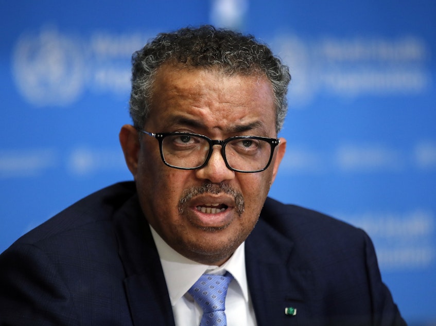 caption: Tedros Adhanom Ghebreyesus, director general of the World Health Organization (WHO), speaks during a news conference on the COVID-19 coronavirus outbreak in Geneva, in March 2020.