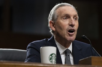 caption: Former Starbucks CEO Howard Schultz testifies before the Senate Health, Education, Labor and Pensions committee, Wednesday, March 29, 2023, on Capitol Hill in Washington. 