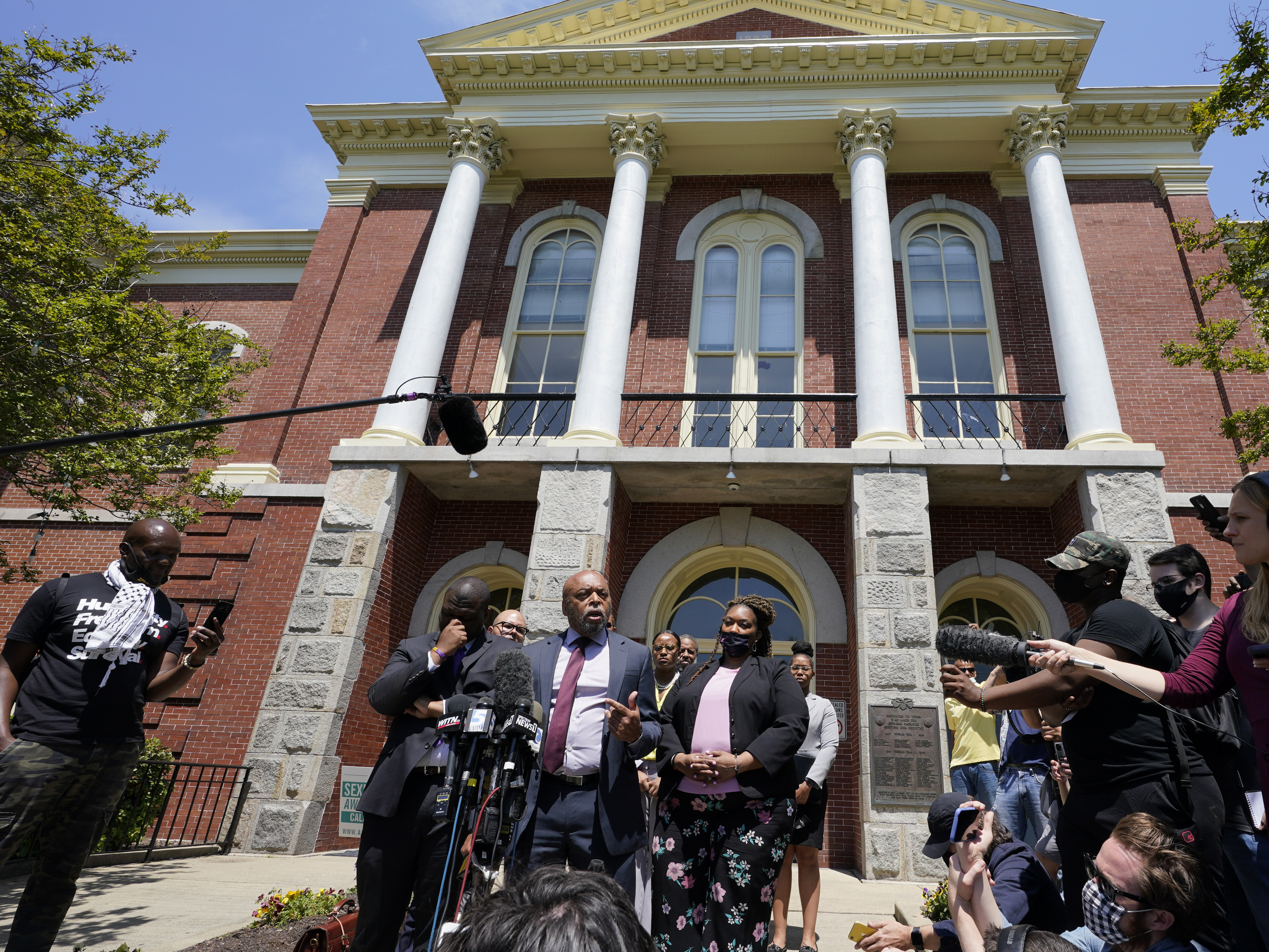 caption: Attorneys for the family of Andrew Brown Jr. speak after a judge denied their request to immediately release body cam videos to the public of the fatal shooting of Brown in Elizabeth City, N.C.