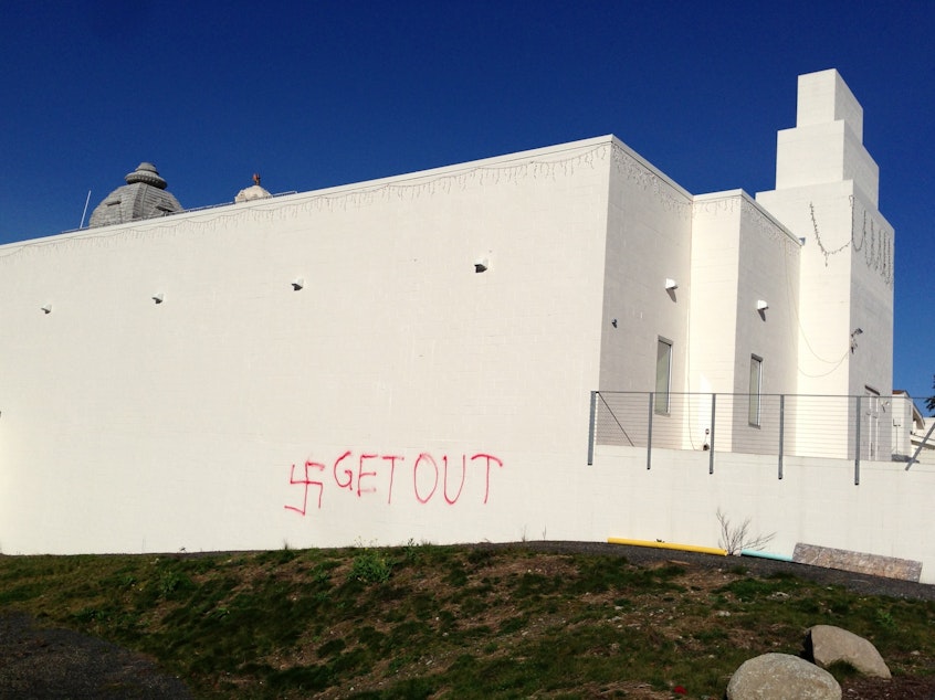 caption: Vandalism at Bothell Hindu Temple and Cultural Center.