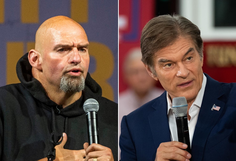 caption: Pennsylvania Democratic U.S. Senate nominee John Fetterman, left, has so far maintained a polling edge over Republican nominee Dr. Mehmet Oz, as Democrats try to take over the swing state's seat.