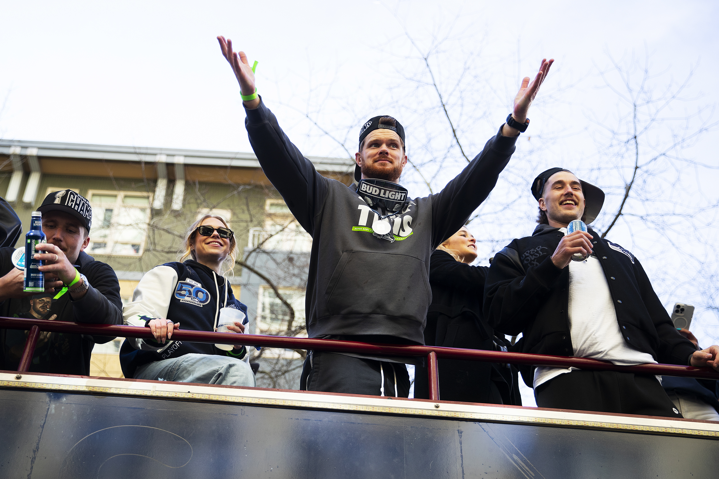caption: Seattle Seahawks quarterback Sam Darnold celebrates with teammates and fans during the Seahawks parade on Wednesday, Feb. 11, 2026, in Seattle. 