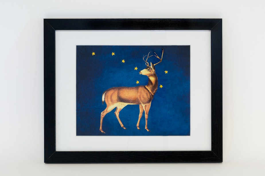 caption: "Elk and the Big Dipper", framed print by Roxann Murray (Assiniboine)